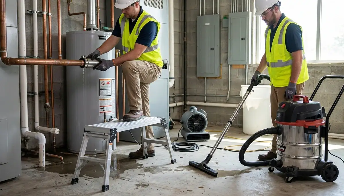 Honolulu, HI water damage crew cleaning up burst pipe water in a home with drying equipment