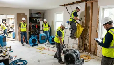 Honolulu, HI storm damage restoration crew removing water from a flooded home with drying equipment