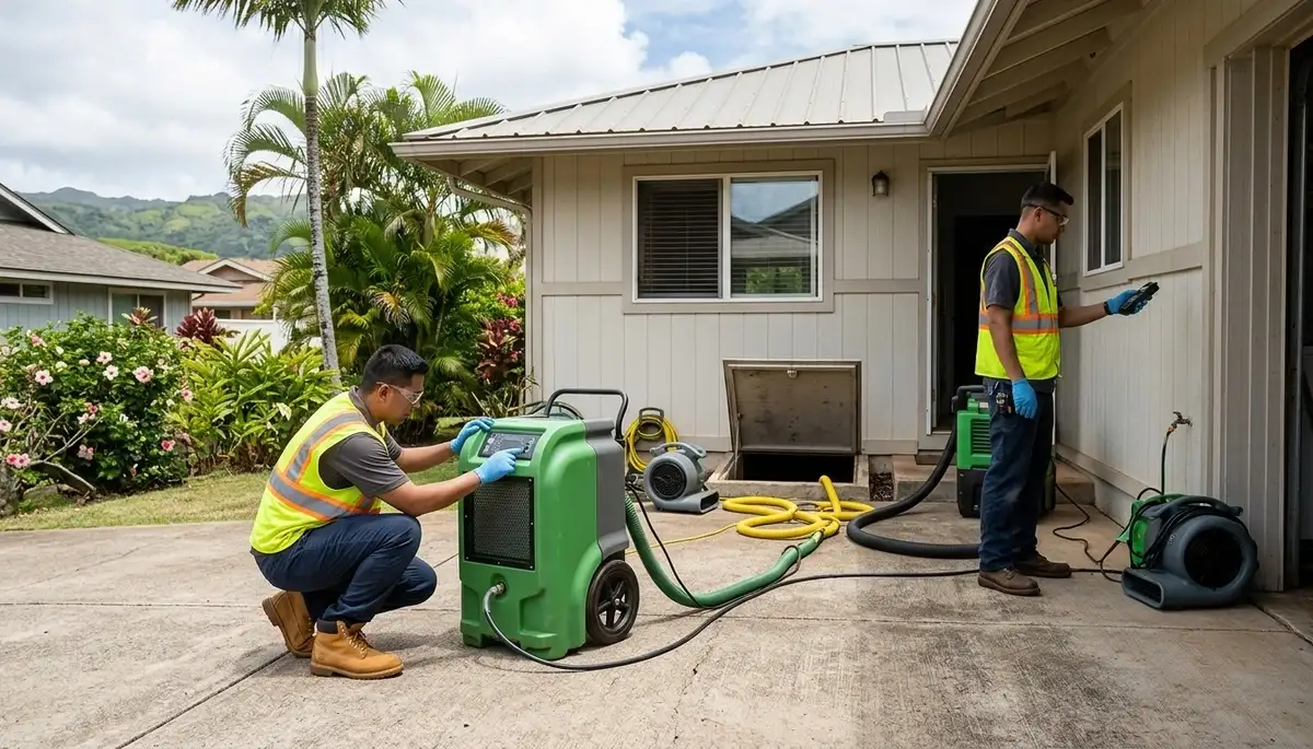 Honolulu, HI water damage restoration team inspecting flood damage in a residential property