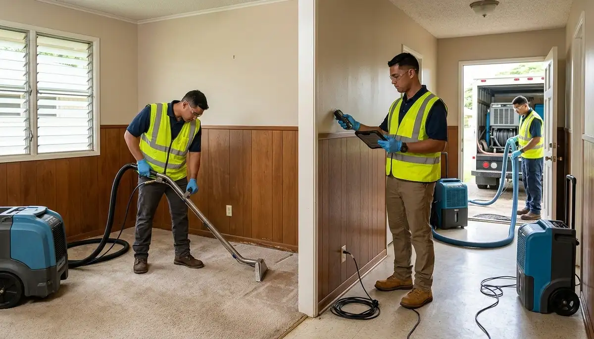 Honolulu, HI water damage restoration team inspecting a flooded property with drying equipment